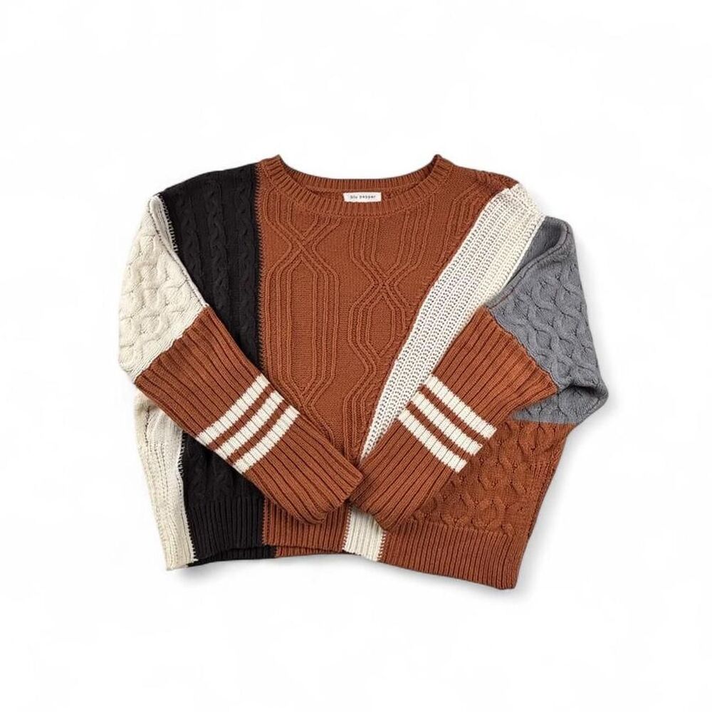 Blu Pepper Colorblock Cable Knit Sweater Brown Black Cream Women’s Small